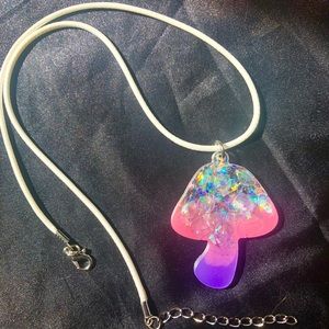 Mushroom Necklace - Pink Purple and Holographic Rainbow Confetti
